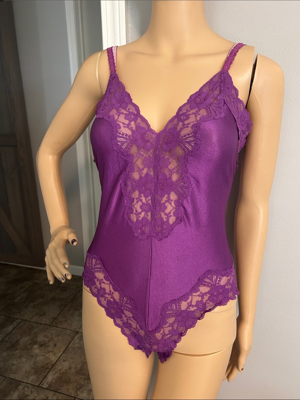 Guy Laroche Purple Lace-Trim Satin Bodysuit